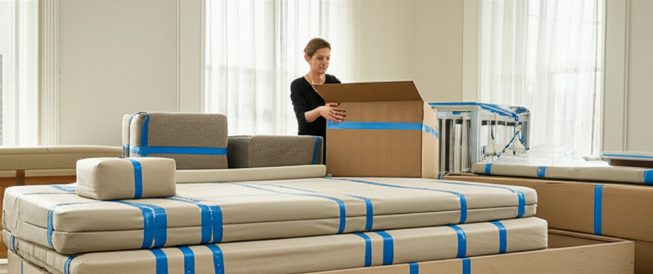 Carefully disassembled and packed furniture components, ready for transport in a spacious and clean room.