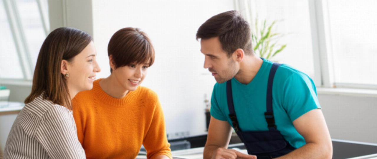 Caucasian professional discussing furniture disassembly services with a client in a modern living room, showing transparency.