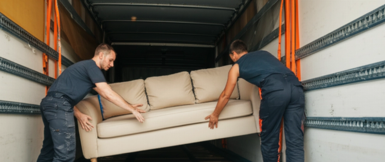 Large beige sectional sofa carefully loaded onto a moving truck by two sturdy Caucasian movers.