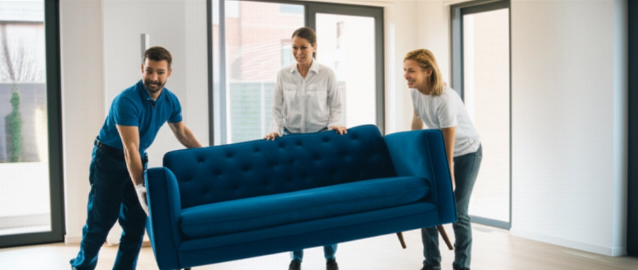 Elegant blue velvet sofa delivered to a bright modern living room by two Caucasian delivery personnel, with a satisfied customer.