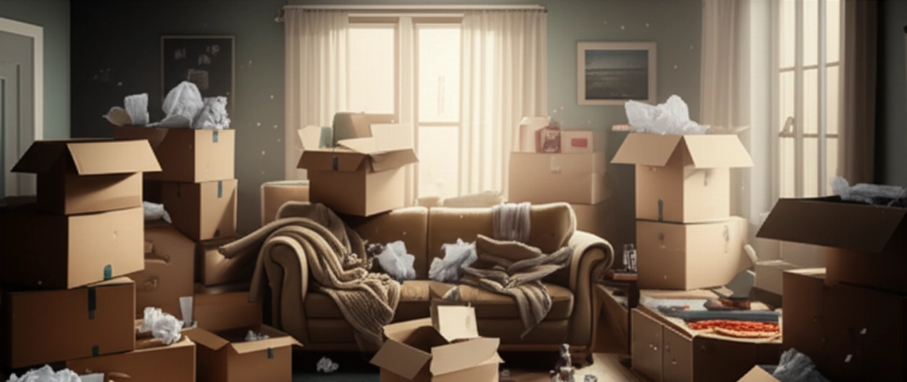 Messy living room after a move, with scattered boxes and objects, evoking a sense of tiredness and chaos.
