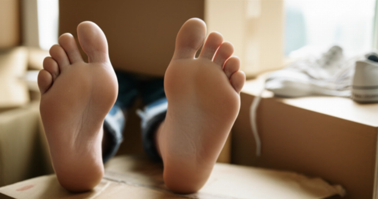 Close-up of tired, dusty feet resting on moving boxes, symbolizing post-move physical exhaustion.