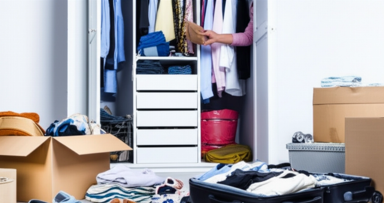 Moving scene with clothes folded in boxes and a nearly empty closet.