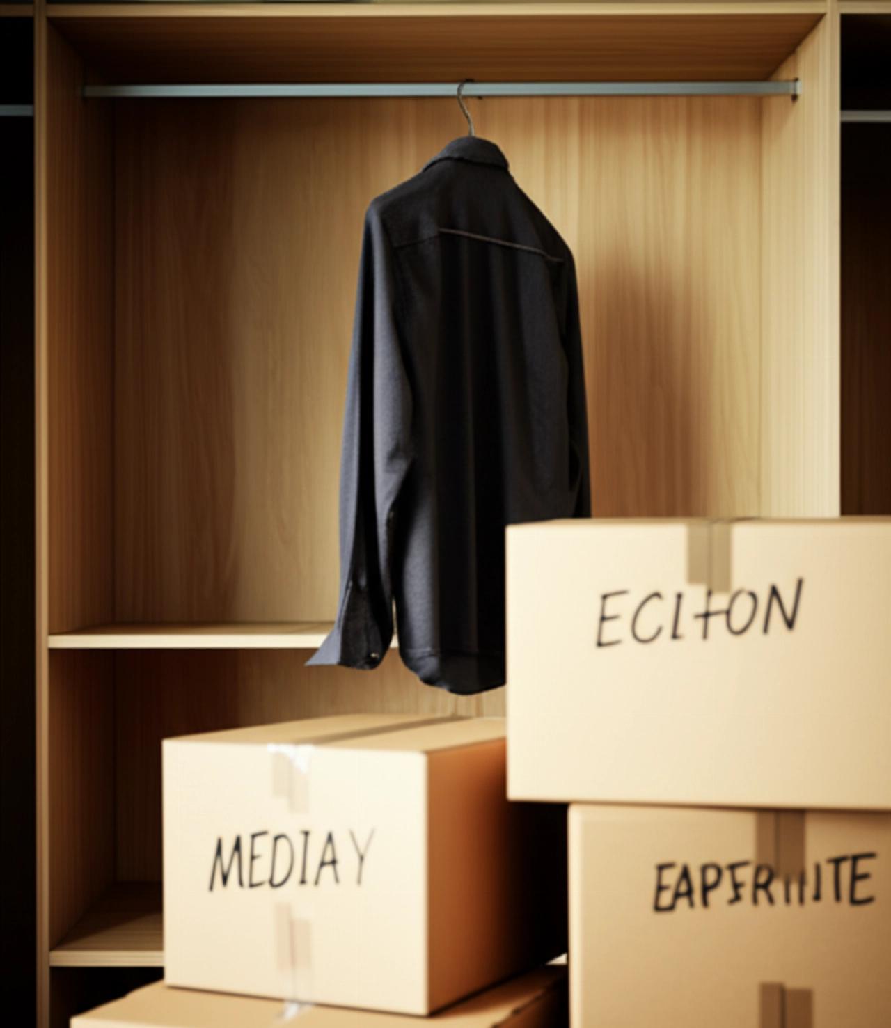 Nearly empty closet with stacked moving boxes, symbolizing a completed operation.