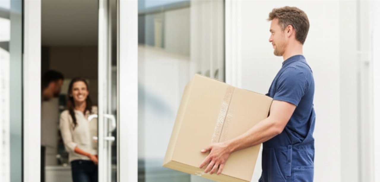 Professional Caucasian mover carrying a box into a modern house, symbolizing efficiency.