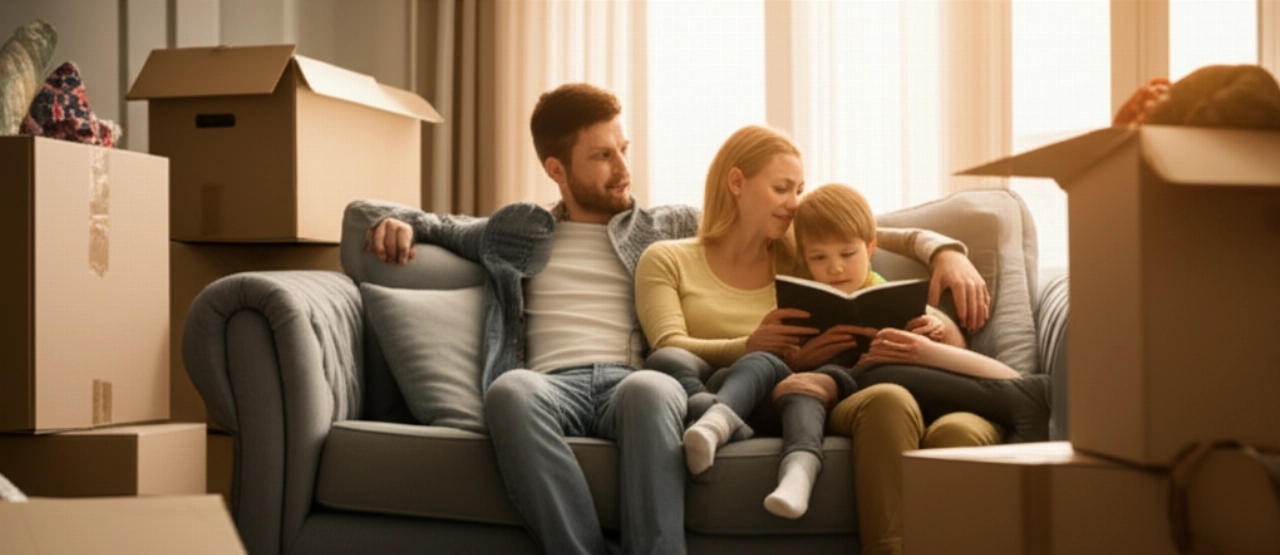 Relaxed Caucasian family in their new living room after a move, with organized boxes.