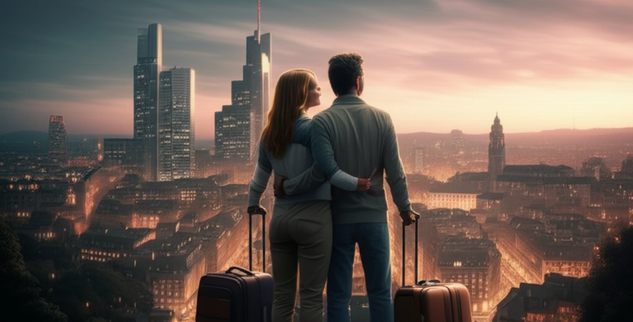 Caucasian couple on a scenic viewpoint, admiring the skyline of a European city at sunset, with light luggage beside them, symbolizing a new beginning abroad.