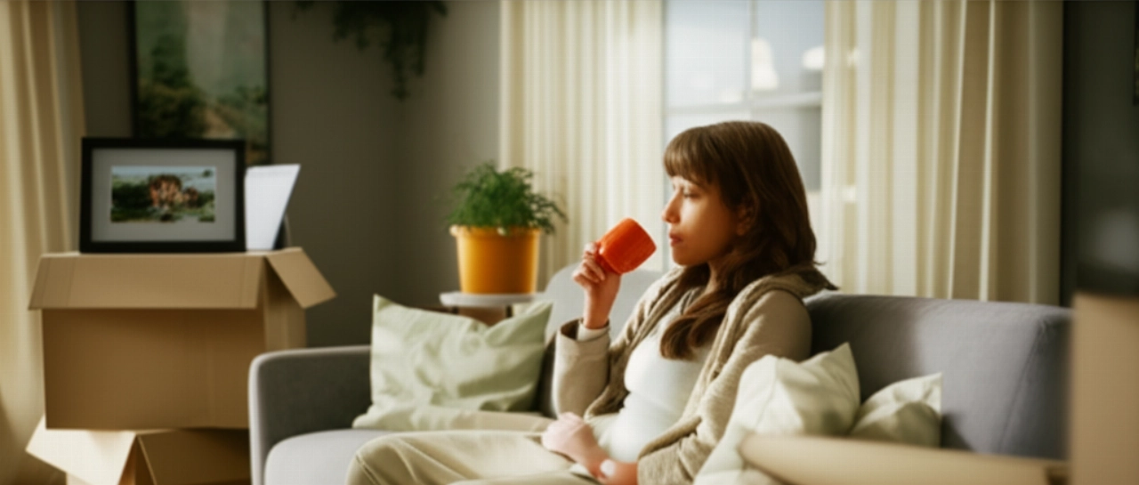 A relaxed Caucasian woman sips coffee on a cozy sofa in her new living room, with neatly unpacked boxes in the background.