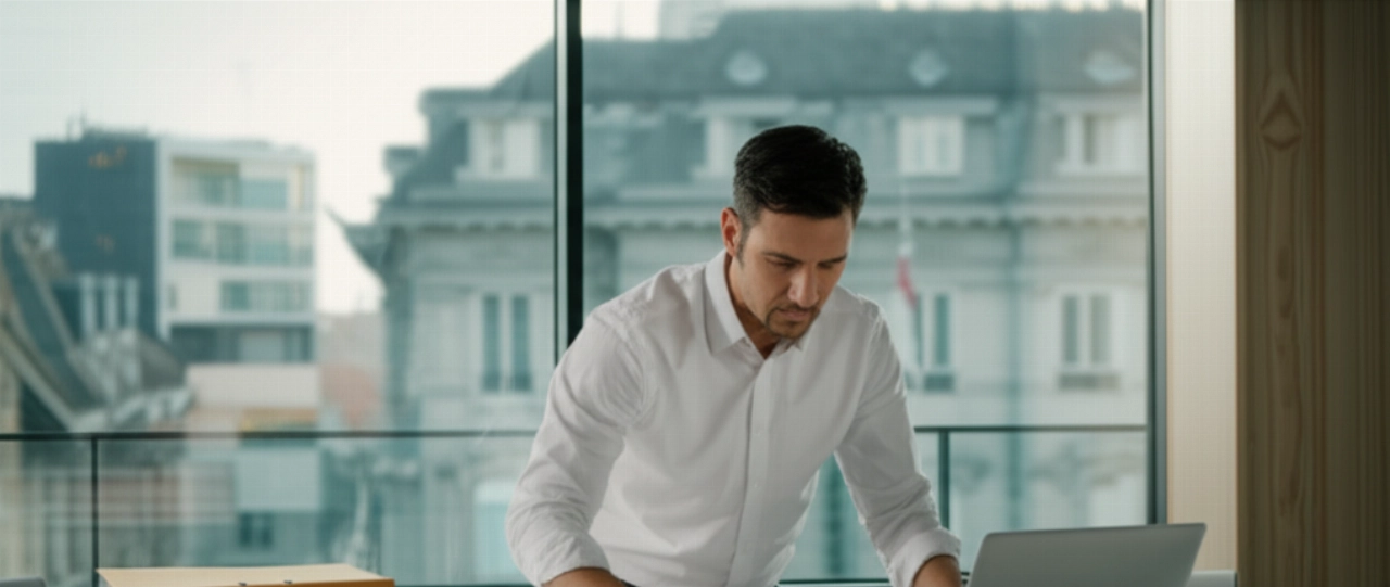 Caucasian professional focused on documents and laptop, in an environment that evokes Swiss efficiency.