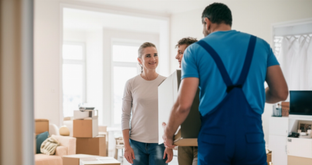 A happy Caucasian couple watches a professional mover place the last box in their partially arranged new home.