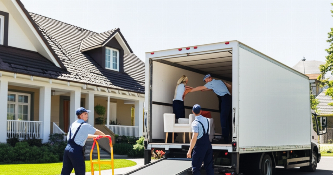 A modern moving truck parked in front of a house, with two Caucasian movers loading furniture on a sunny day.