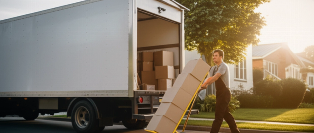 Modern and clean moving truck parked in front of a house, with a Caucasian mover stacking neat boxes, evoking efficiency and low prices.
