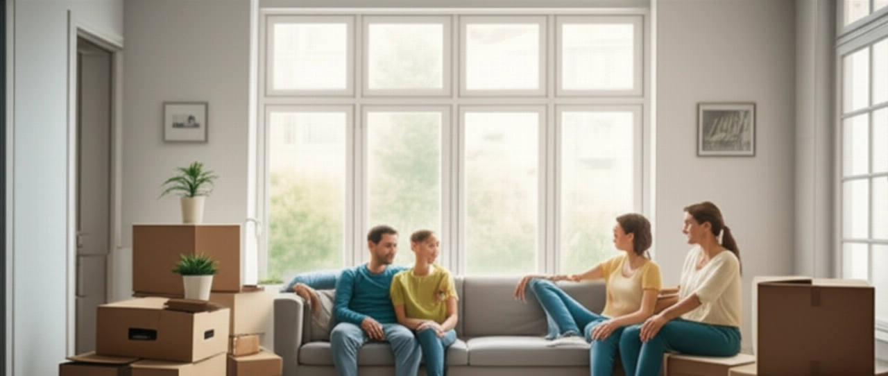 Caucasian family serenely relaxing in their new living room, with neatly stacked moving boxes in the background, suggesting an easy and affordable relocation.