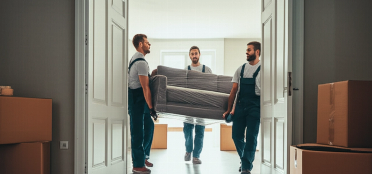 Three professional Caucasian movers carefully transport a large piece of furniture through an apartment doorway.