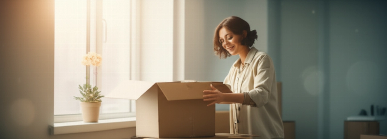 A Caucasian woman unpacks boxes in a bright, minimalist new apartment, symbolizing a new beginning.