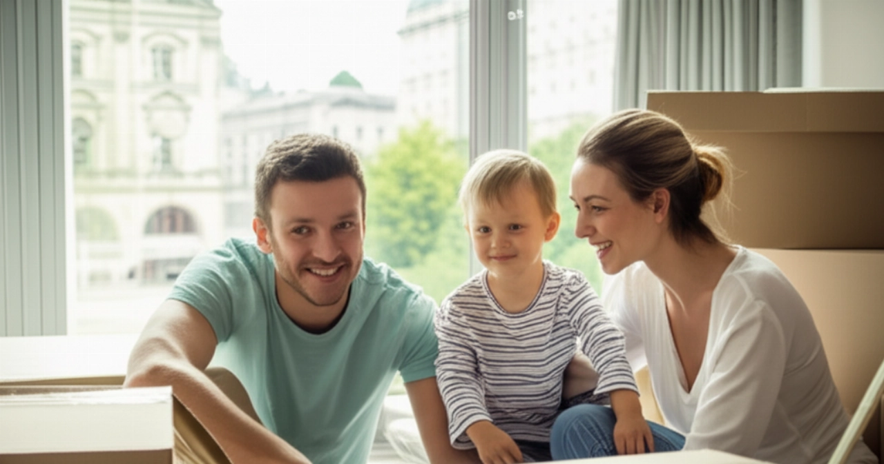 A smiling Caucasian family in their new home in Austria, surrounded by boxes, with a view of an Austrian city from the window.