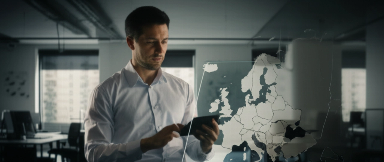 A Caucasian logistics expert examines a digital map of Europe with Austria highlighted, in a modern office.