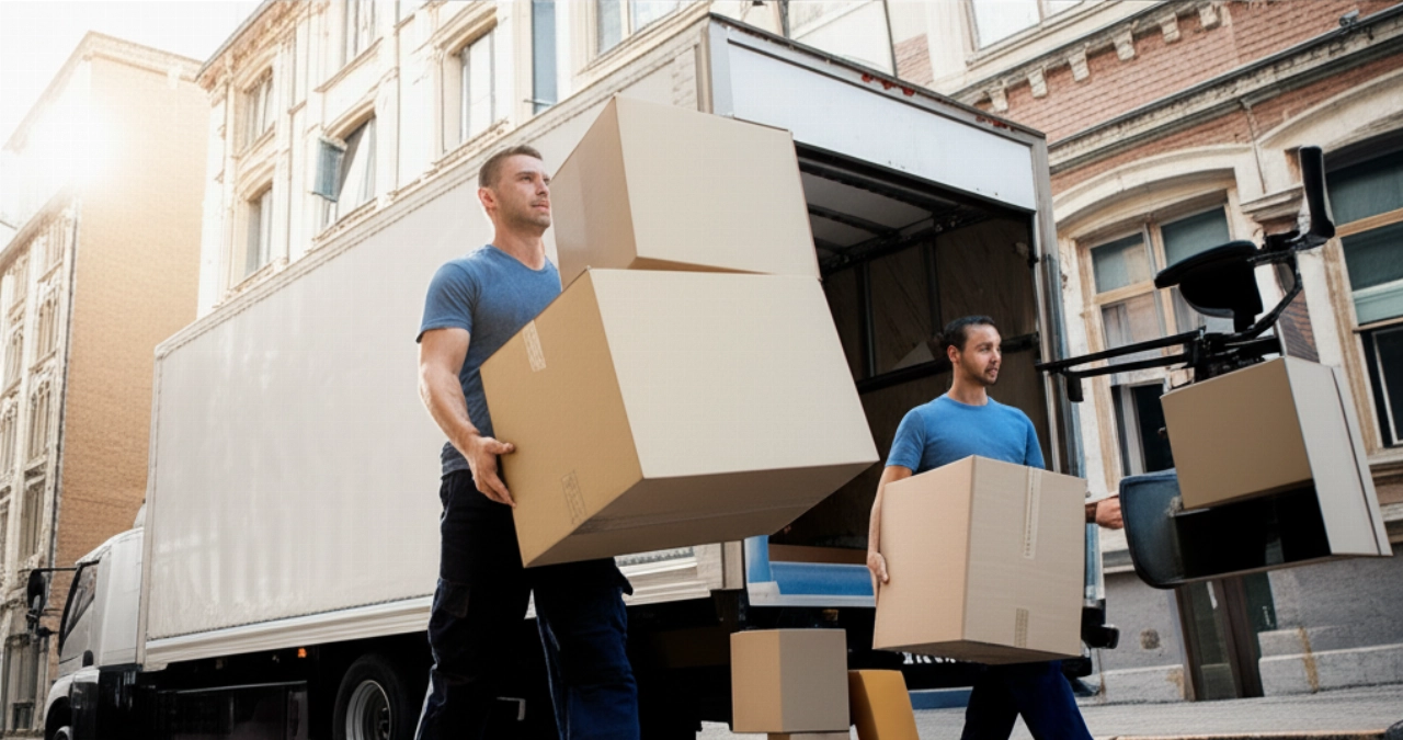 Hyperrealistic image of professional Caucasian movers efficiently transporting boxes and furniture out of an office building, highlighting a smooth corporate relocation.