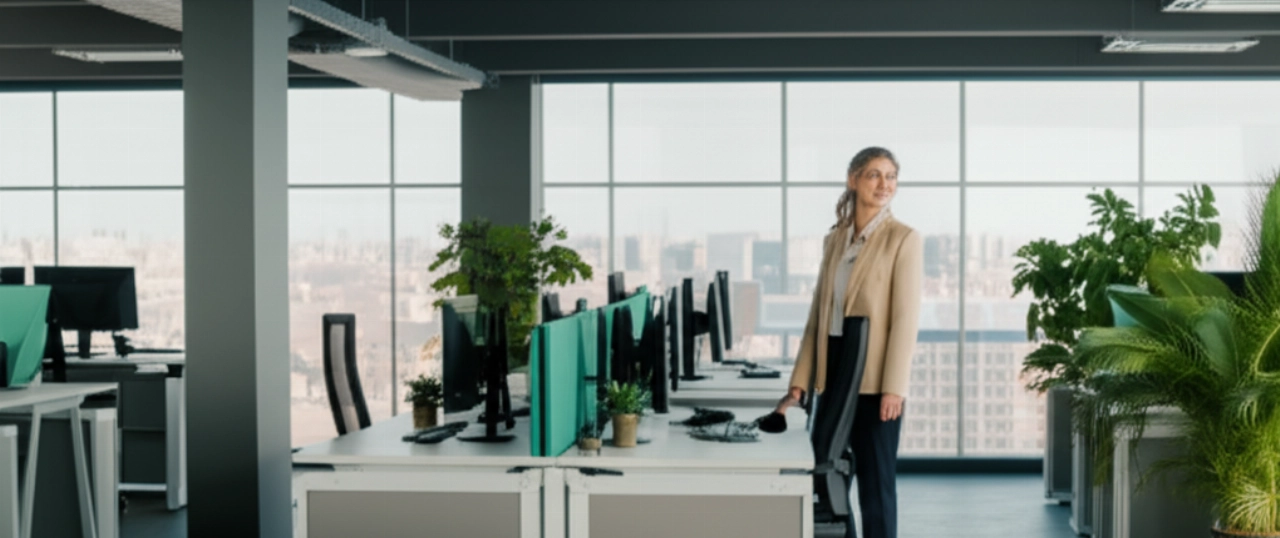 Hyperrealistic image of a bright, modern new corporate office, with a smiling Caucasian female employee, symbolizing a successful corporate relocation and a new beginning.