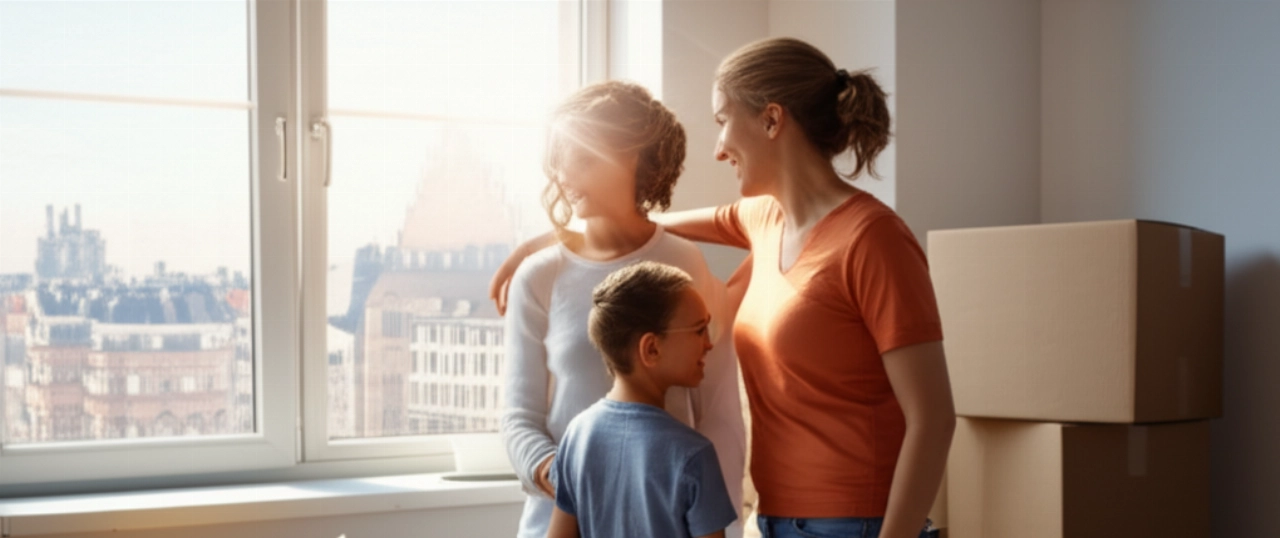 Happy Caucasian family smiles in their new apartment in Belgium, surrounded by moving boxes, with a view of a Belgian city.