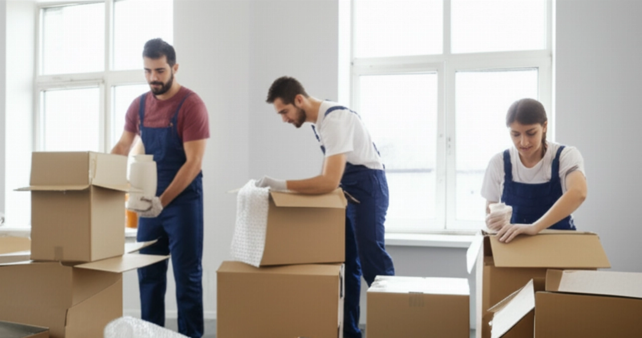 Two professional Caucasian movers carefully packing fragile items into boxes, showing attention to detail and organization.