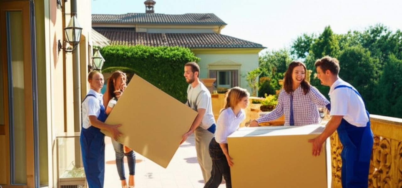 A smiling Caucasian family as professional movers unload their belongings into a beautiful Italian villa, symbolizing a serene arrival.