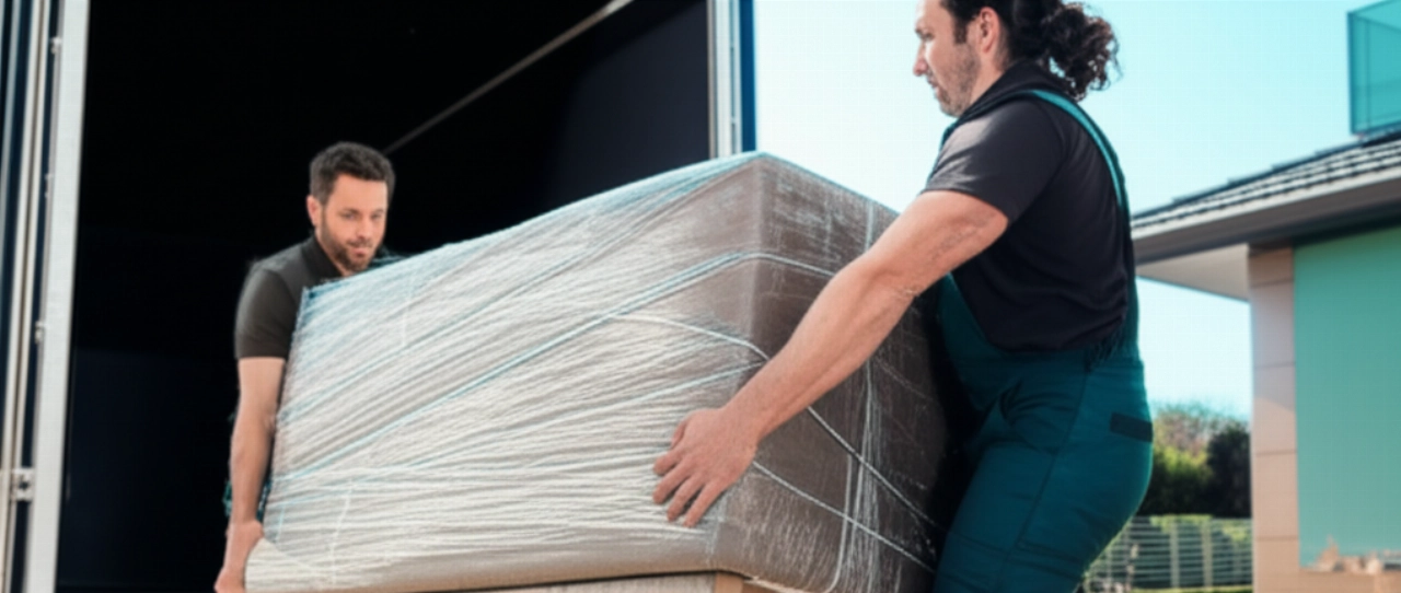 Two professional Caucasian movers carefully transport a large wrapped piece of furniture, demonstrating efficiency and precision during a move.