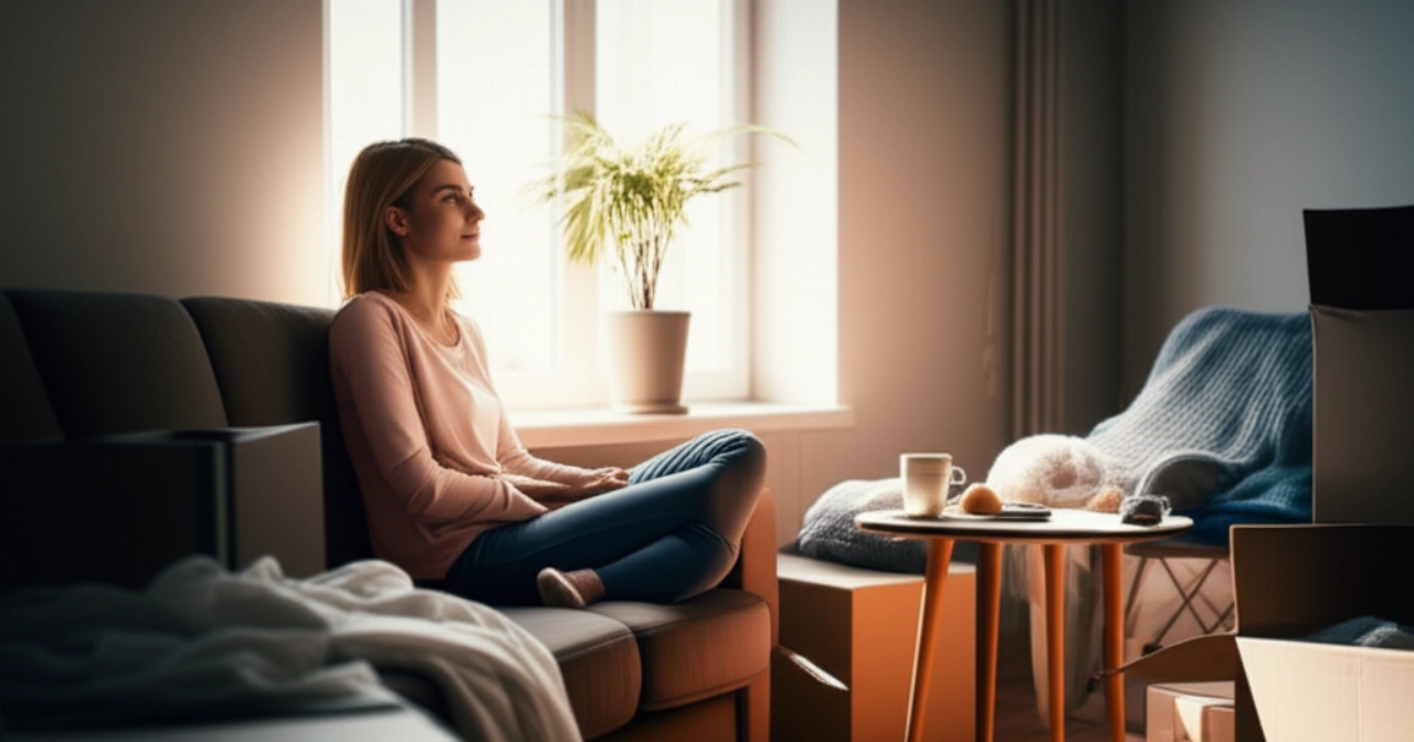 A Caucasian woman relaxes on a sofa in her new home, surrounded by partially opened boxes, enjoying a moment of peace after the move.