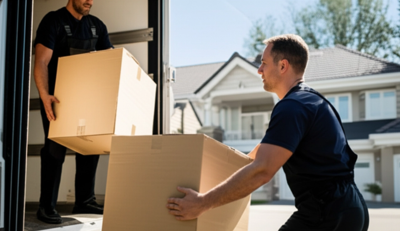 Caucasian professional movers efficiently loading boxes onto a moving truck on a sunny day.