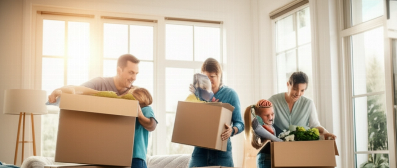 Happy Caucasian family unpacking boxes in their bright new home, symbolizing a new beginning.