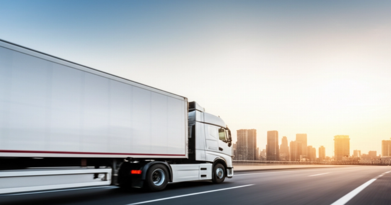 A large, modern white moving truck drives on an open highway at sunset, with a city skyline in the background.