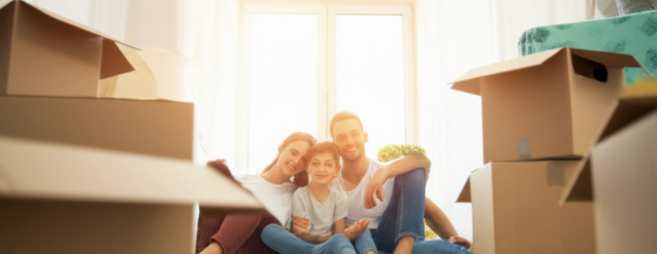 A happy and relaxed Caucasian family in their new, partially unpacked home, with open moving boxes and sunlight.