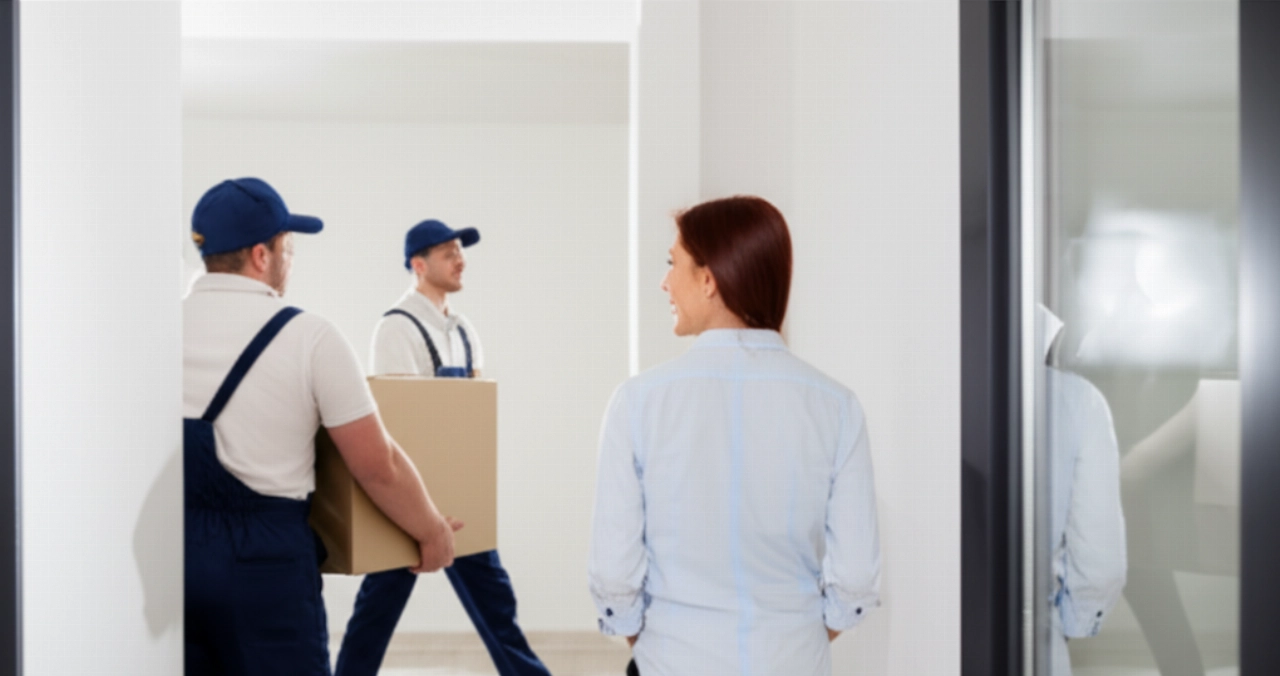Two professional Caucasian movers carefully carrying a box, with a satisfied Caucasian client, highlighting efficiency and care in affordable moves.