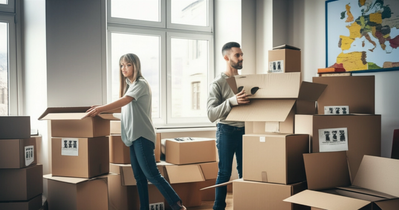 A Caucasian couple carefully packs moving boxes in a bright European apartment, with a map of Europe in the background, symbolizing organization for an international move.