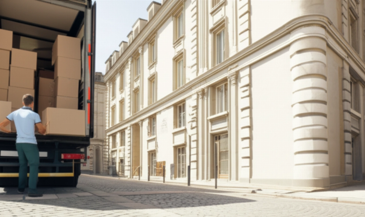 Caucasian movers unload boxes from a truck on a European street with classic buildings, symbolizing an efficient arrival at a new home.