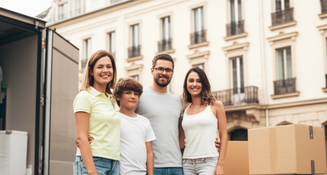 A happy Caucasian family smiles in front of their new European home with boxes and a moving truck in the background, symbolizing a serene new beginning.