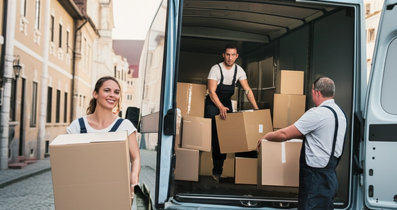 Two professional Caucasian movers carefully load boxes from a modern truck on a historic European street, highlighting efficiency and care.