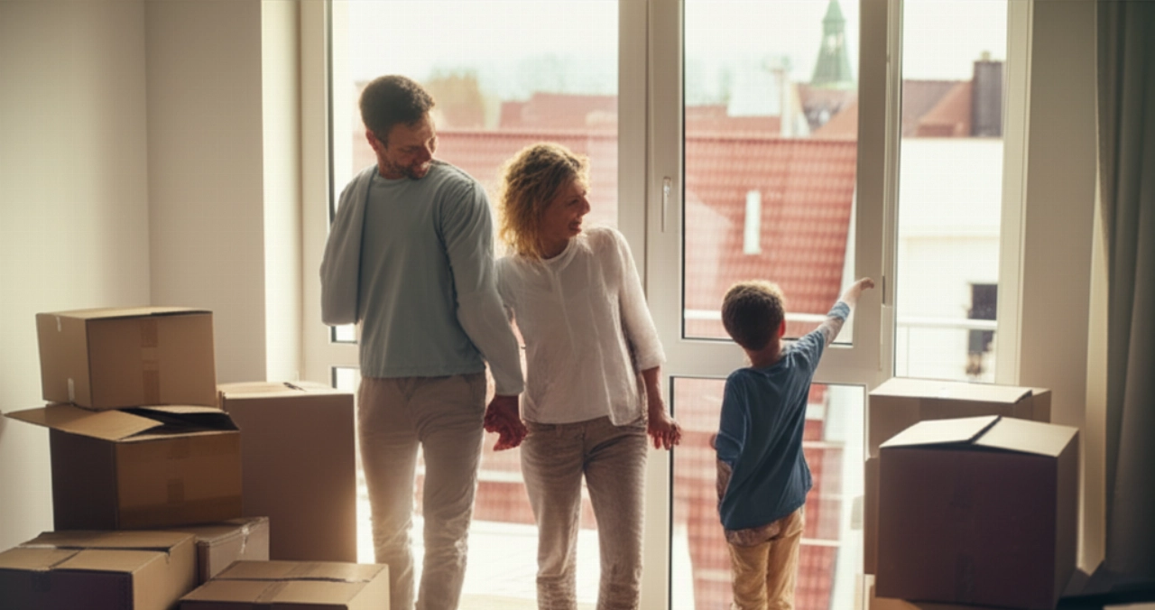 Happy Caucasian family in a new apartment in Germany, surrounded by boxes, with a city view.