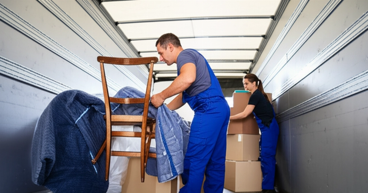Professional Caucasian movers packing furniture and labeling boxes inside a truck or warehouse.