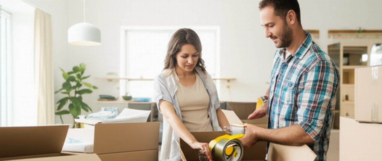 A Caucasian couple carefully preparing and sealing boxes for an international move.