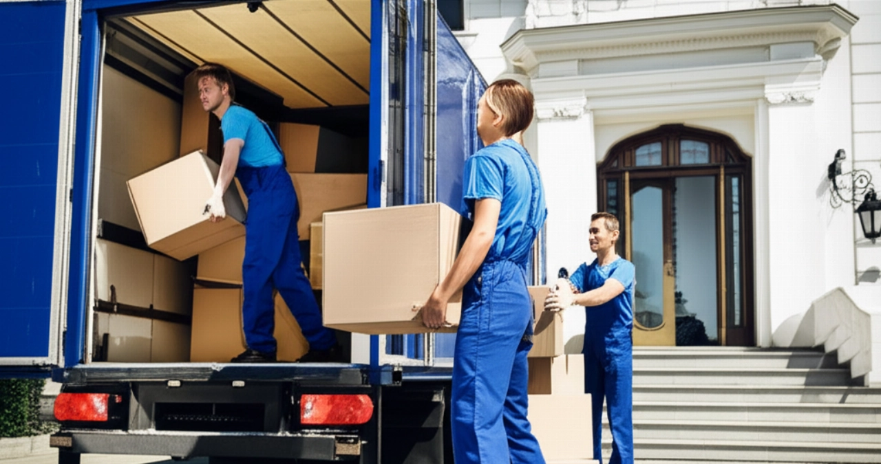 Professional Caucasian movers unloading boxes from a truck in front of a European building.