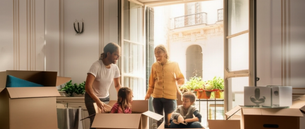 Happy Caucasian family unpacking in a bright Spanish apartment, with boxes and sunlight streaming through the window.
