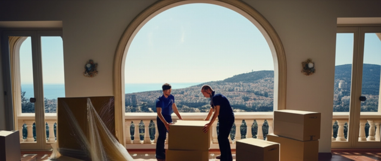 Professional Caucasian movers working in an elegant Spanish house, with a panoramic view of a Spanish coastal city.