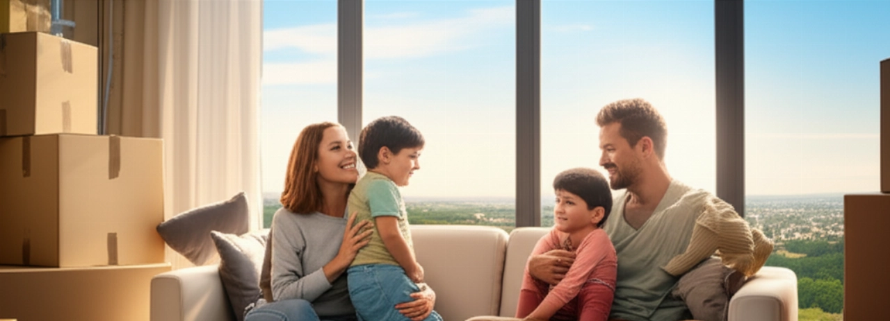 A happy Caucasian family relaxes in their new living room, with moving boxes and a breathtaking view of the Italian landscape from the window.
