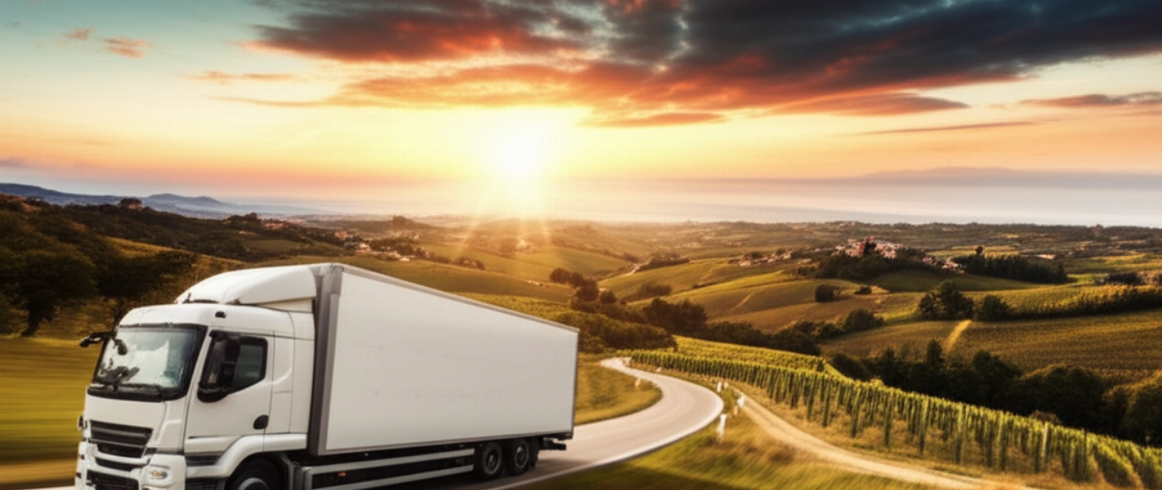 A modern, unbranded moving truck drives through a breathtaking Italian landscape at sunset, symbolizing nationwide service.