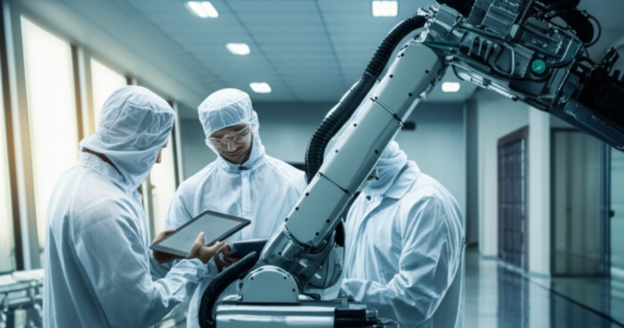 Cutting-edge industrial technology prepared for relocation in a clean environment, with Caucasian technicians performing final checks.
