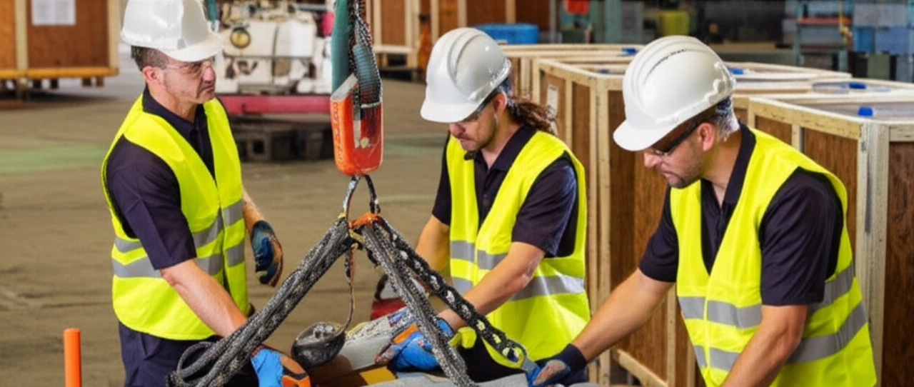 Team of Caucasian specialists working together to secure a heavy component, demonstrating safety and teamwork in an industrial loading area.