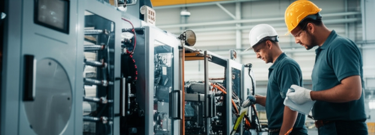Engineers and technicians supervise the reassembly of industrial machinery in a new factory.