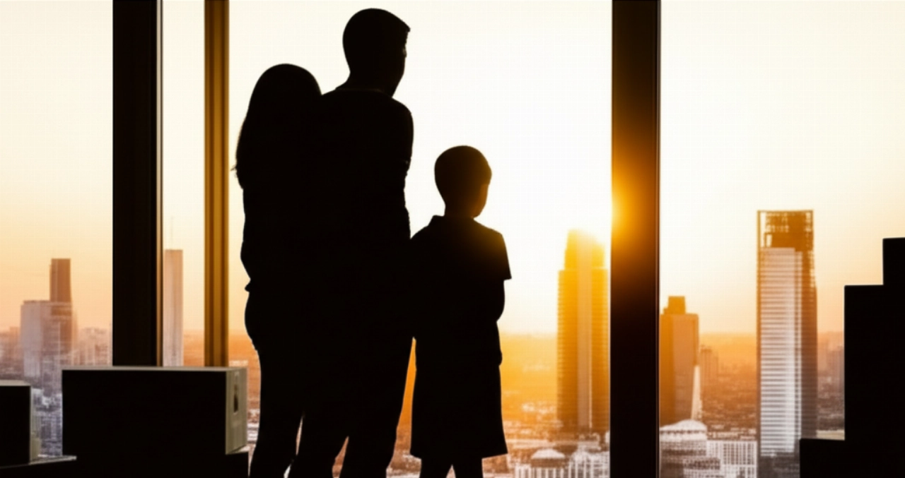 Caucasian family looking out the window at a new urban skyline, with moving boxes in the background suggesting a new beginning.