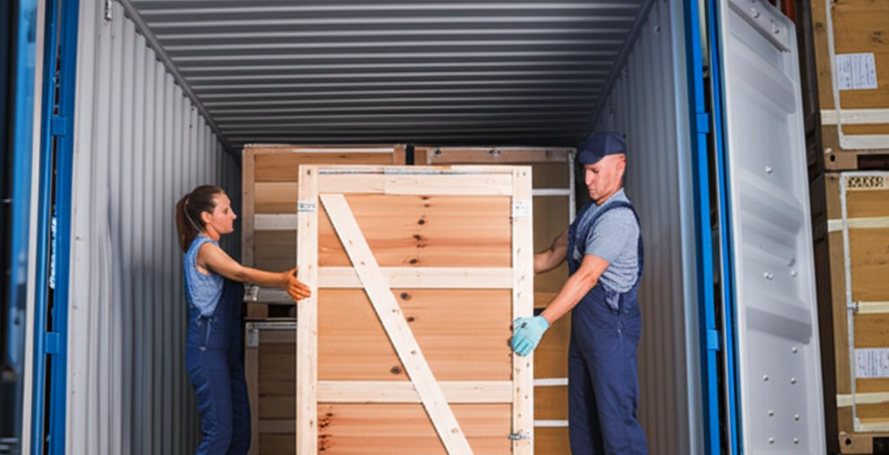 Professional Caucasian movers carefully load a crate into an international shipping container, in an organized environment.